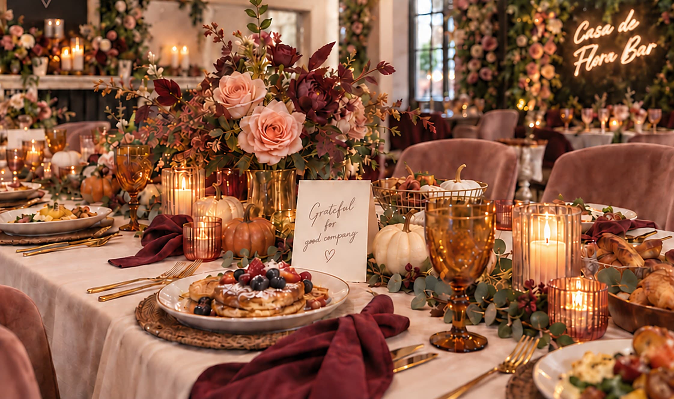 Friendsgiving brunch table with autumn florals, candles and pumpkins at Casa de Flora Bar