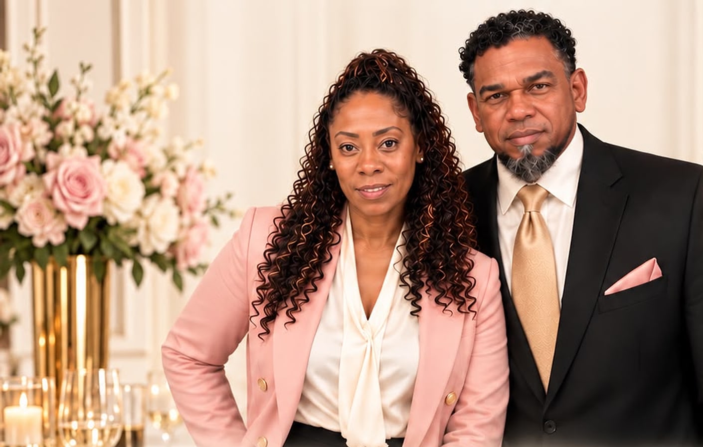 The hosts of The Business Table in a ballroom set with pink roses in a gold vase, candles and glassware.